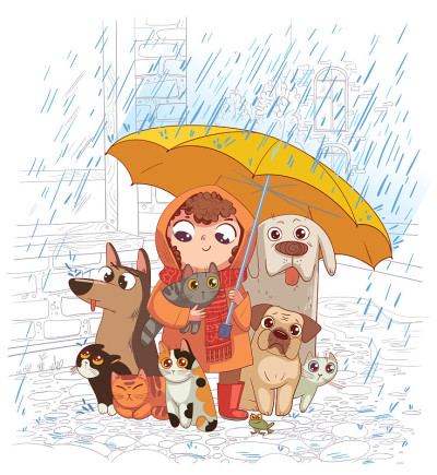 带着狗和猫的女孩站在伞下淋雨