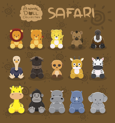 动物玩偶Safari设置卡通矢量插图