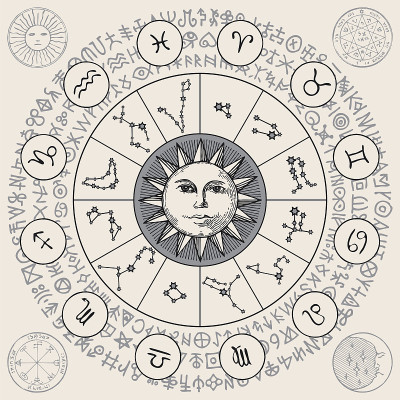 手绘的旗帜与太阳和圆圈星座