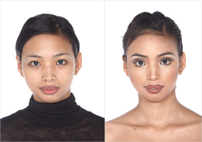 古铜色皮肤的亚洲女人化妆前。没有修饰，脸上有青春痘