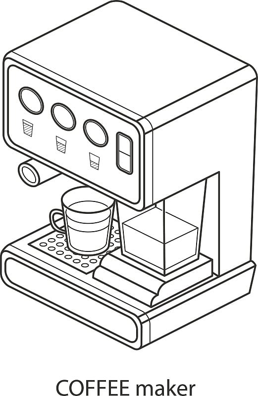 带杯子的咖啡机。向量等距插图