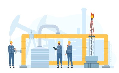 工程师修理和服务石油或天然气运输管道。石油工业工人的止回阀。金属管道维修矢量概念