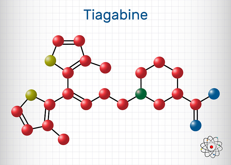 Tiagabine, C20H25NO2S2分子。它是抗惊厥药物，用于治疗癫痫。结构化学式和分子模型