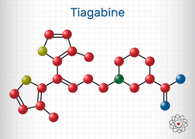 Tiagabine, C20H25NO2S2分子。它是抗惊厥药物，用于治疗癫痫。结构化学式和分子模型
