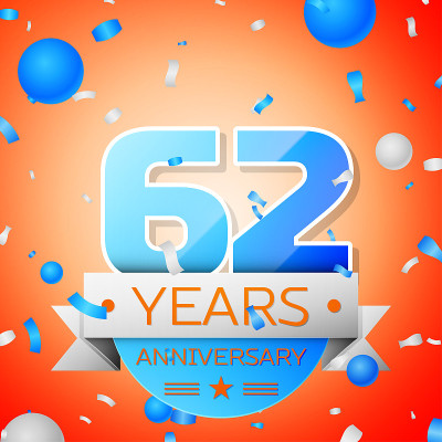 在橙色背景上庆祝62周年。周年丝带