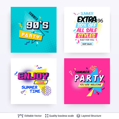 Set of summer season ad posters in pop-art style.