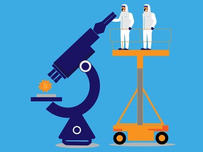 科学家通过显微镜观察病毒。