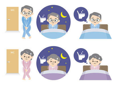 这是一组因夜尿症而缺乏睡眠的老年男女的插图