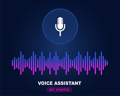 语音助理的概念。向量声波。麦克风语音控制技术，语音和声音识别。高科技人工智能助理语音，背景波流，均衡