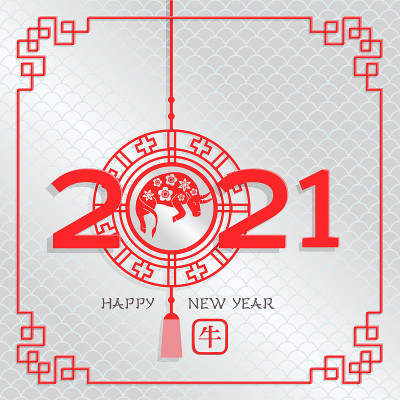 2021年是白金牛年，纸灯笼和影子。红色类型的2021年，象形文字翻译牛在银色背景与框架。平面纸插图