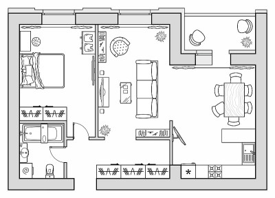 公寓的规划与家具的安排。房屋建筑图纸(俯视图)。室内设计平面从上面。向量的布局