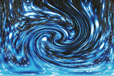蓝色矩阵数字背景。扭曲的网络空间的概念。人物落入虫洞。入侵矩阵。虚拟现实设计。复杂的算法数据黑客。青