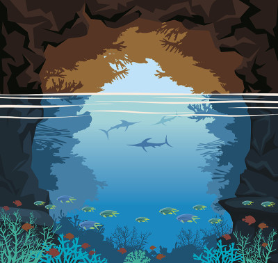 Sea cave, coral reef, marlin fish, sea, sky.