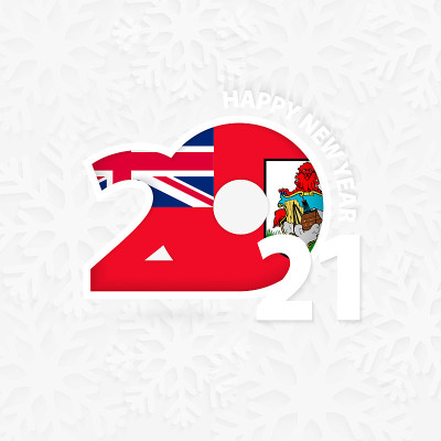 2021年以雪花为背景的百慕大新年快乐。