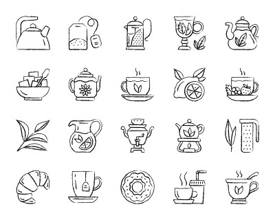 茶木炭画线图标矢量集