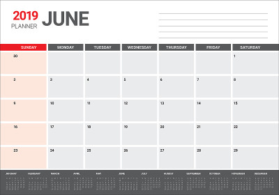 2019年6月台历矢量插图