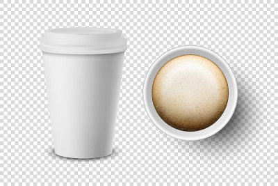 矢量3d现实一次性打开的纸，塑料咖啡杯的饮料图标设置特写孤立在透明的背景。设计模板模型。顶视图和前视