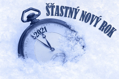 2021年贺年卡，捷克语问候2021年新年，文字Stastny novy rok，倒计时到午夜