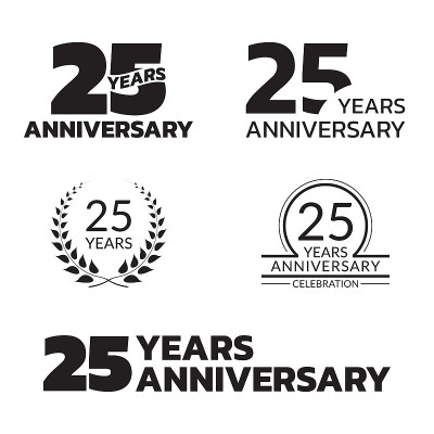 25周年纪念图标集。25岁生日庆祝徽章或标签的请柬，周年纪念设计。矢量插图。