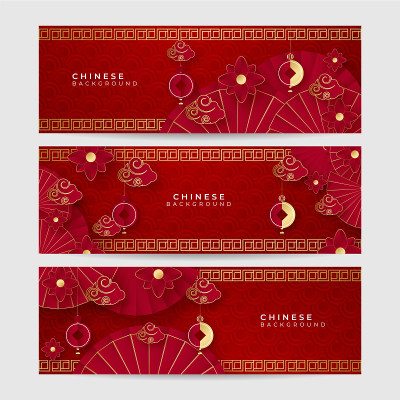 中国农历2022年虎年红金花和亚洲元素剪纸与工艺风格的背景。通用中文背景横幅。矢量图