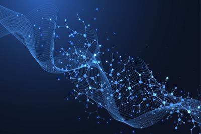 分子结构的背景。带有DNA分子的科学模板墙纸或横幅。了解科学分子背景。波流，创新格局。矢量插图。