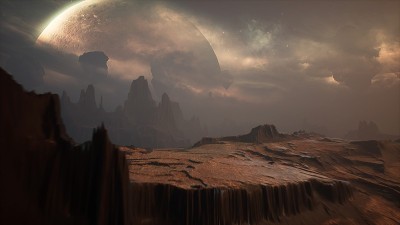 一个陌生星球表面的全景景观。3 d渲染。
