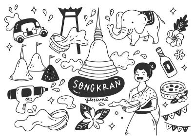 泰国泼水节涂鸦插画