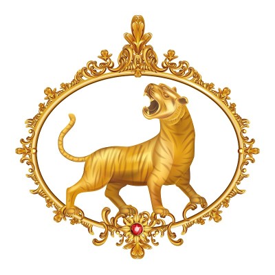金虎装在华丽的金色画框里。说明向量