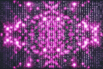 粉色矩阵数字背景。抽象的网络空间的概念。人物倒了。来自符号流的矩阵。虚拟现实设计。复杂的算法数据黑客