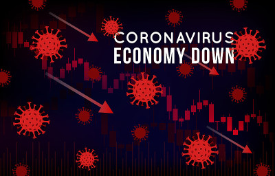 冠状病毒对证券交易所和全球经济影响的矢量概念说明。Covid-19病毒导致市场下跌。背景烛台股票图表