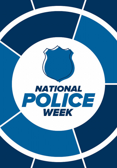 国家警察周。每年在美国庆祝。向警察英雄致敬。警徽和爱国主义元素。军官阵亡将士纪念日。海报、卡片,横幅
