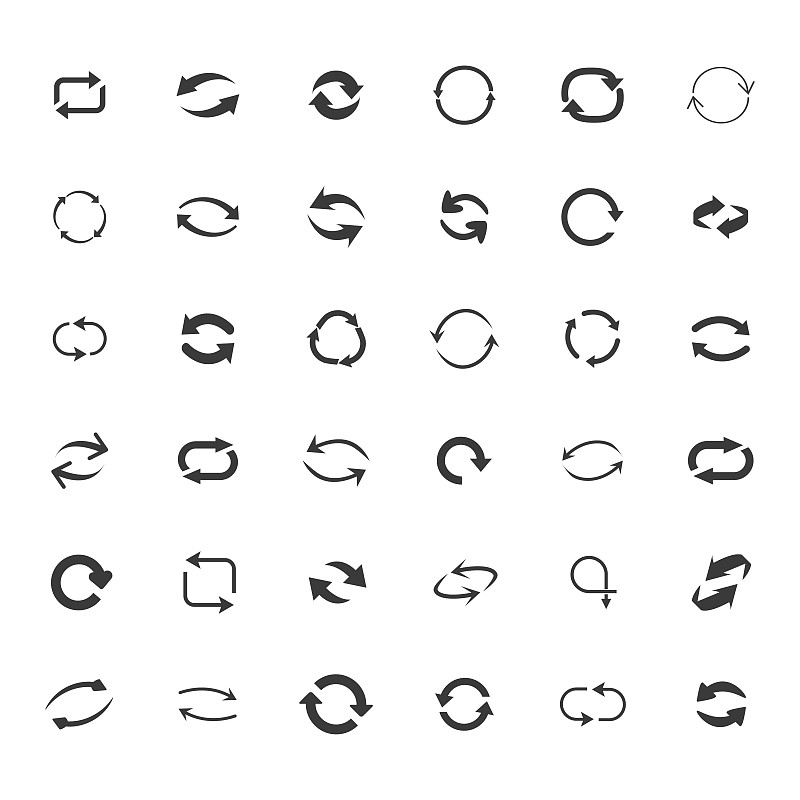 重复的图标集。一组36个刷新填充图标，如重新加载，更新，重新加载，重播，加载箭头图标。重复的图标集。