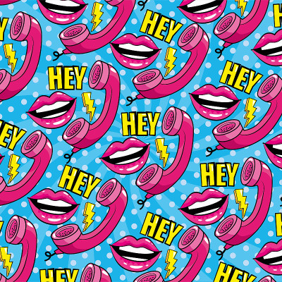 mouth with phone and message with thunder backgrou