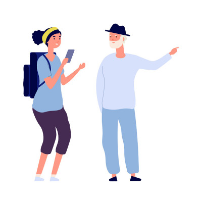 个人的旅行。男子为单身女孩进行短途旅行。38、平游人背双肩包问路。孤立的女人与老人交谈矢量插图