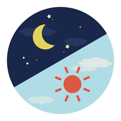 简单的夜晚和早晨的插图。圆形图标。(左上为夜晚和早晨)