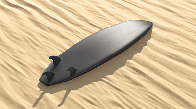 Blank black surfboard with fins lying on sand mock