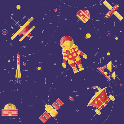矢量平线无缝拼接宇宙设备图案，机器上以蓝色为背景。