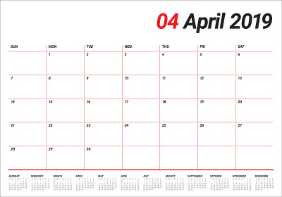 2019年4月台历矢量插图
