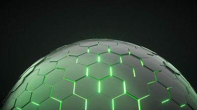 未来主义黑色六边形球体与绿色霓虹灯- 3D插图