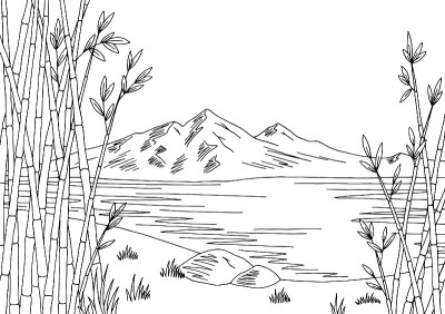 竹湖图形黑白城市景观素描插图矢量