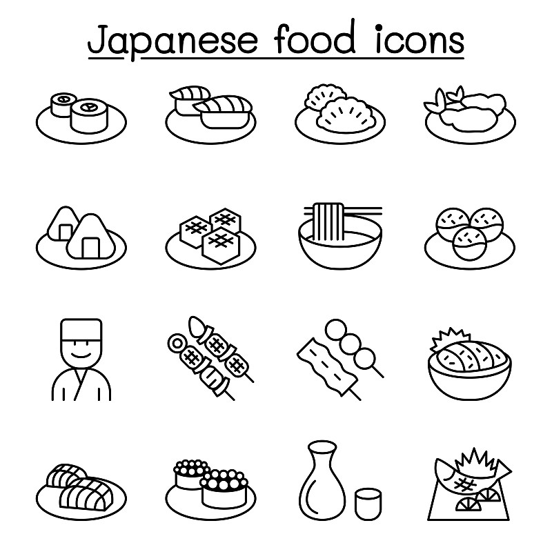 日本食物图标设置在细线风格