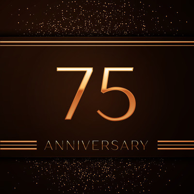 现实的75周年庆祝标志。金色的数字和金色的五彩纸屑在棕色的背景上。彩色矢量模板元素为您的生日派对