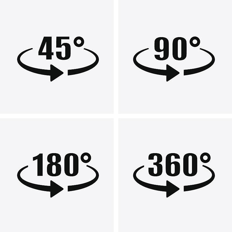 角度45,90,180,360度视图图标。旋转箭头。