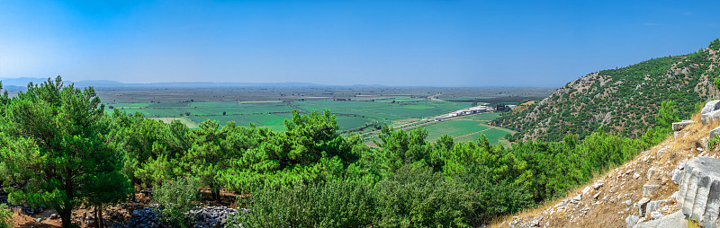 全景俯视图从侧面的古城Priene，土耳其