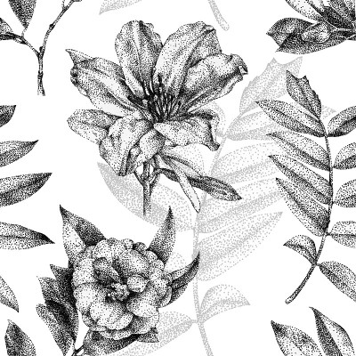 用手工绘制不同花草的无缝图案