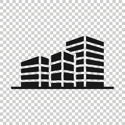 建筑图标在平面风格。城市摩天大楼公寓矢量插图在白色孤立的背景。城市大厦经营理念。