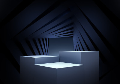 抽象的黑色背景与几何形状裙台用于显示产品，3d渲染。