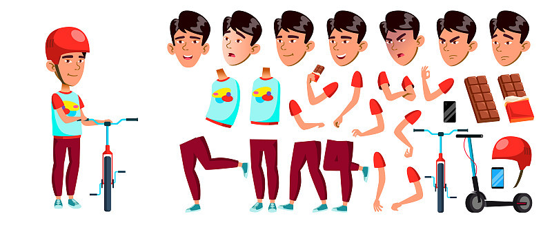 亚洲男孩男孩学校男孩孩子向量。小学的孩子。动画创作集。的孩子。微笑。用于演示、印刷、邀请设计。面对情