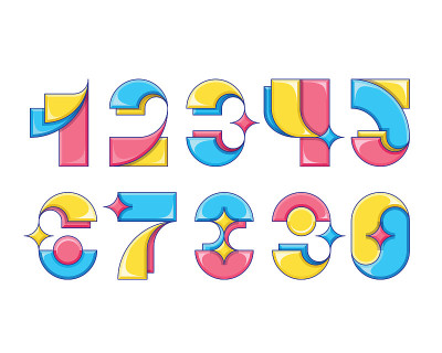 矢量数字。一组有创意的、有趣的、明亮的数字。