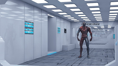 3 d渲染。未来宇宙飞船内部